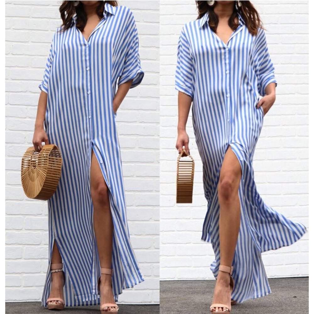 Boho White Blue Striped Long Shirt Dress Maxi Kimono Duster Tunic Top